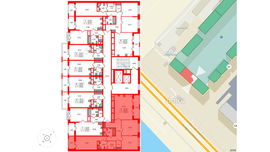 Квартира в ЖК «Сэтл Ривьера», 3 комнатная, 88.42 м², 6 этаж