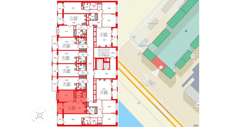 Квартира в ЖК «Сэтл Ривьера», 1 комнатная, 39.59 м², 3 этаж
