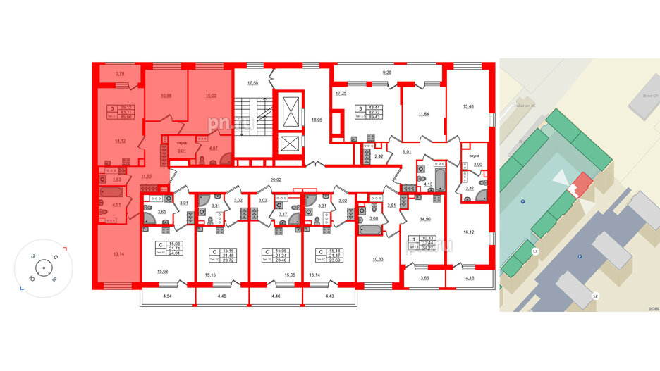 Квартира в ЖК «Сэтл Ривьера», 3 комнатная, 83.11 м², 5 этаж