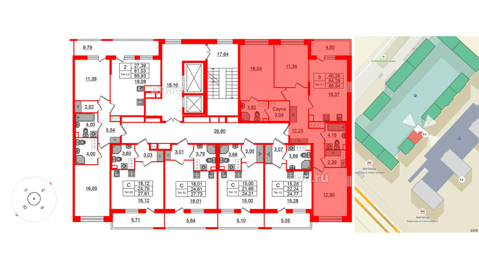 Квартира в ЖК «Сэтл Ривьера», 3 комнатная, 84.29 м², 5 этаж