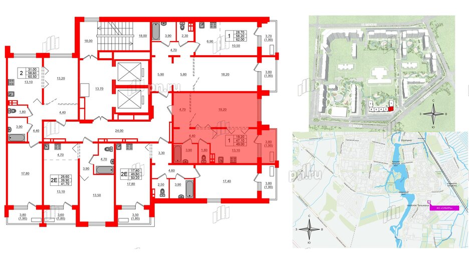 Квартира в ЖК Сибирь, 1 комнатная, 49 м², 7 этаж