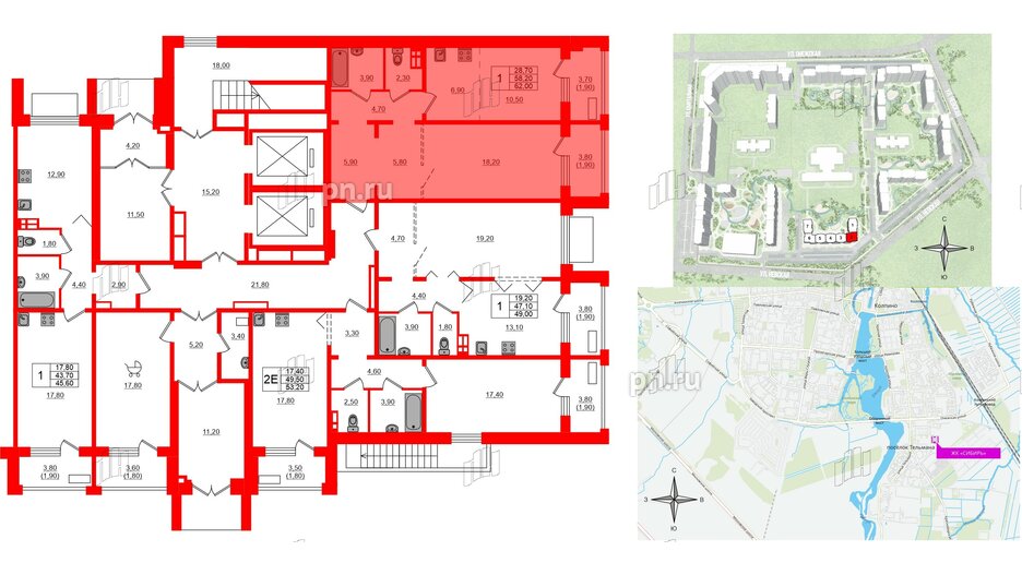 Квартира в ЖК Сибирь, 1 комнатная, 62 м², 1 этаж