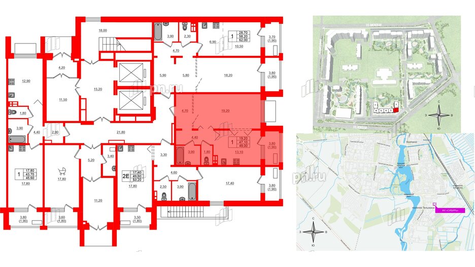 Квартира в ЖК Сибирь, 1 комнатная, 49 м², 1 этаж