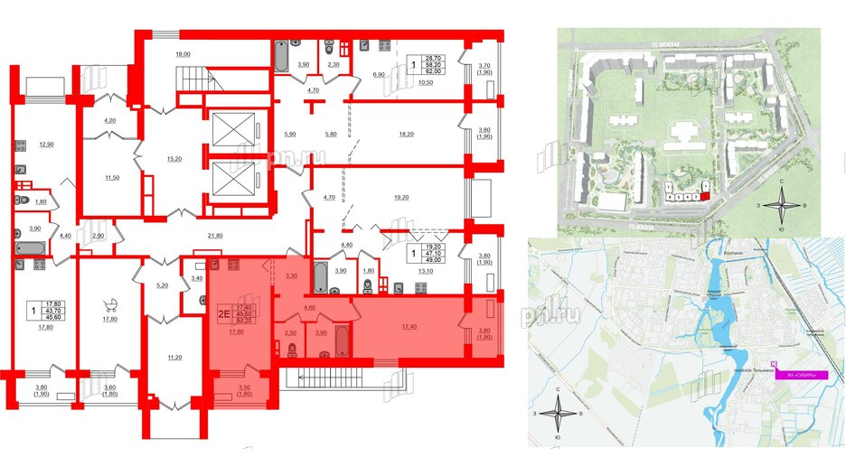 Квартира в ЖК Сибирь, 1 комнатная, 53.2 м², 1 этаж