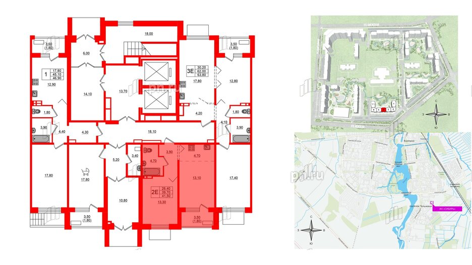 Квартира в ЖК Сибирь, 1 комнатная, 41.5 м², 1 этаж