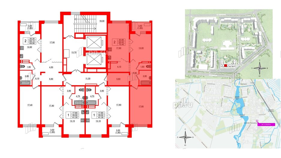 Квартира в ЖК Сибирь, 2 комнатная, 70.4 м², 12 этаж