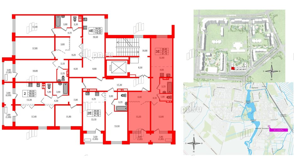 Квартира в ЖК Сибирь, 2 комнатная, 61.1 м², 4 этаж