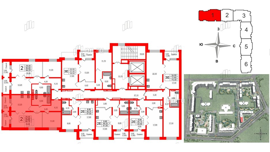 Квартира в ЖК Сибирь, 2 комнатная, 60.7 м², 4 этаж