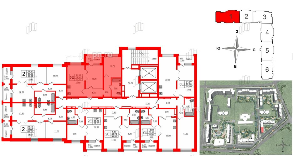 Квартира в ЖК Сибирь, 2 комнатная, 59.2 м², 2 этаж