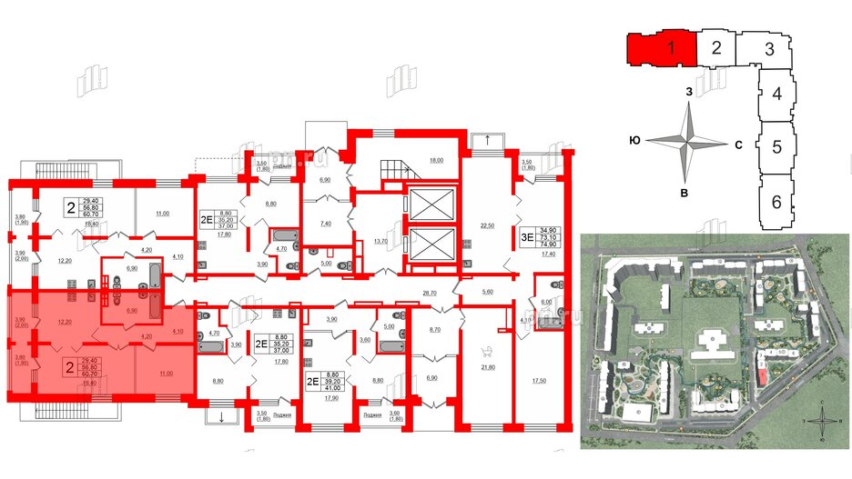 Квартира в ЖК Сибирь, 2 комнатная, 60.7 м², 1 этаж