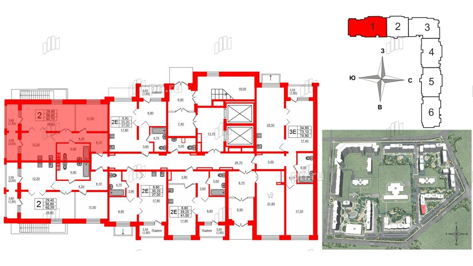 Квартира в ЖК Сибирь, 2 комнатная, 60.7 м², 1 этаж