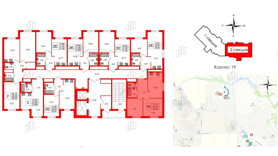 Квартира в ЖК Стороны Света 2, 2 комнатная, 45.44 м², 2 этаж