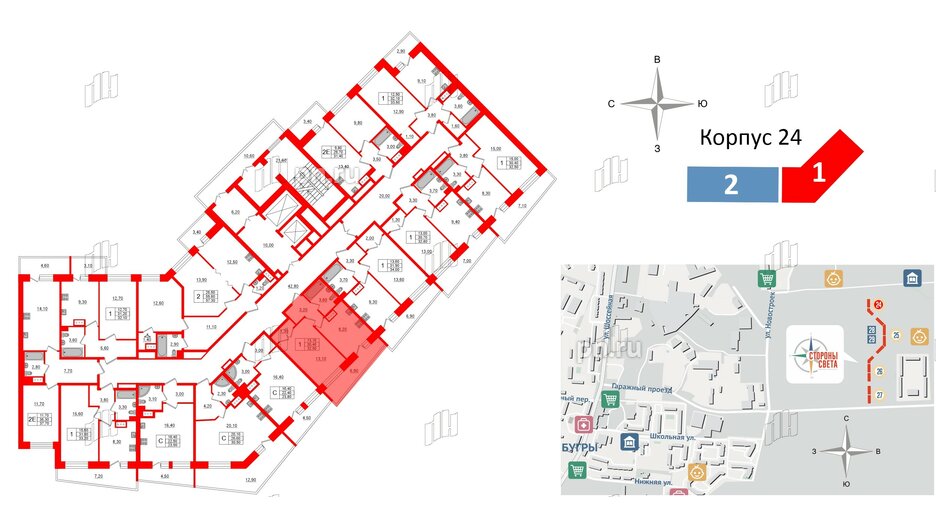 Квартира в ЖК Стороны Света, 1 комнатная, 32.5 м², 12 этаж