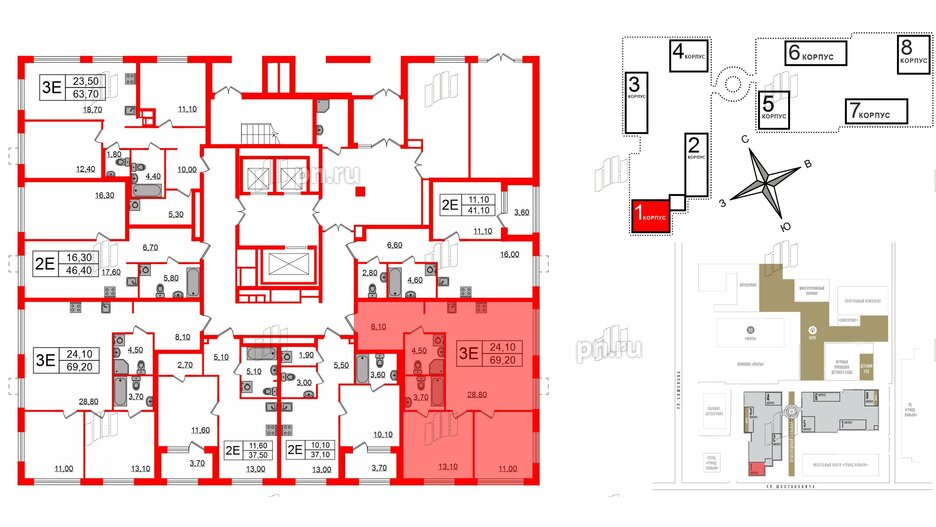 Квартира в ЖК Струны, 2 комнатная, 69.2 м², 2 этаж