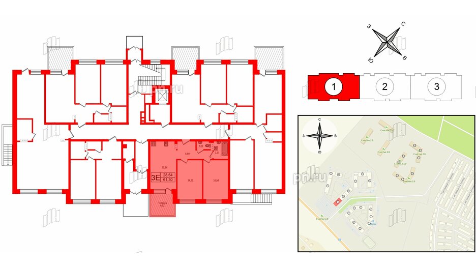 Квартира в ЖК Счастье 2.0, 2 комнатная, 61.3 м², 1 этаж