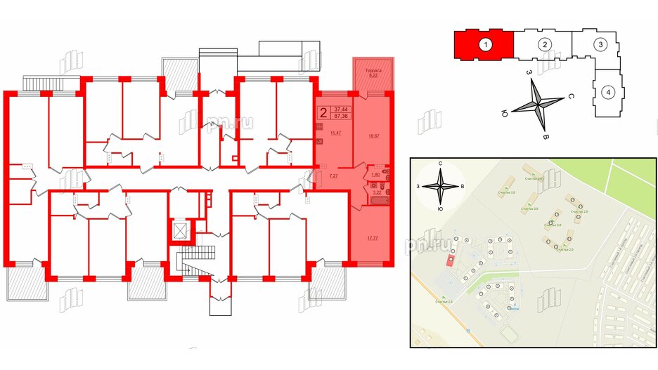 Квартира в ЖК Счастье 2.0, 2 комнатная, 67.36 м², 1 этаж