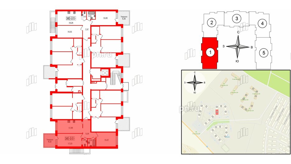 Квартира в ЖК Счастье 2.0, 2 комнатная, 68.5 м², 1 этаж