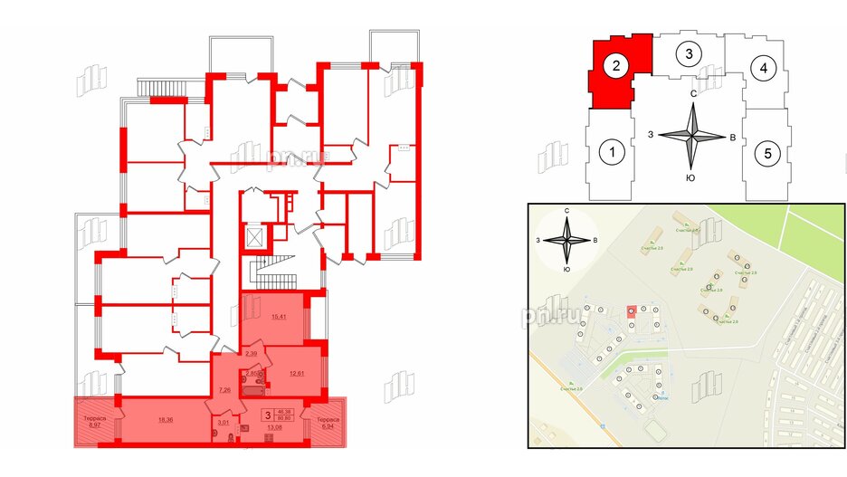 Квартира в ЖК Счастье 2.0, 3 комнатная, 80.8 м², 1 этаж