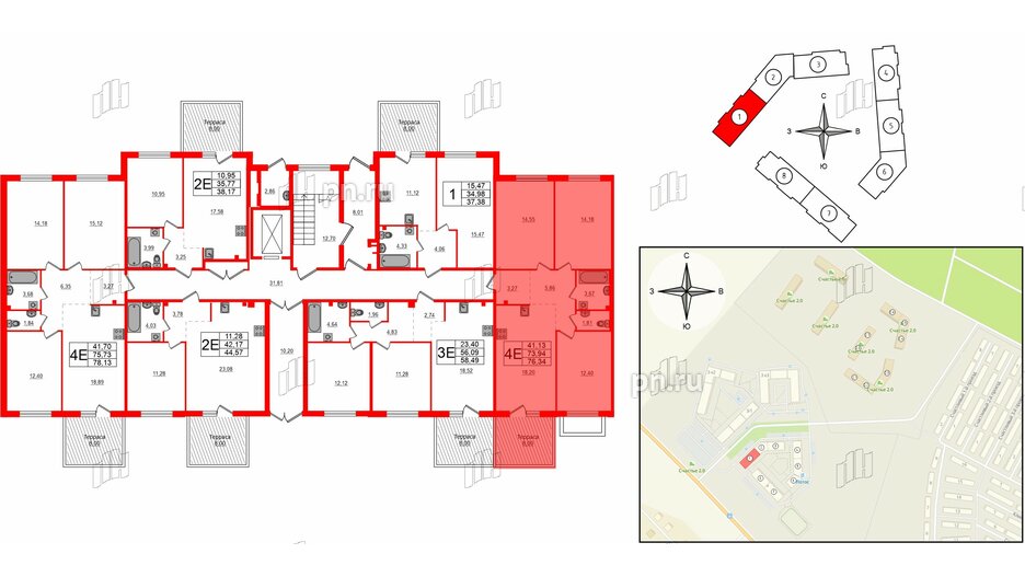 Квартира в ЖК Счастье 2.0, 3 комнатная, 76.34 м², 1 этаж