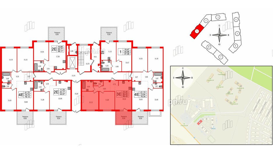 Квартира в ЖК Счастье 2.0, 2 комнатная, 58.5 м², 1 этаж