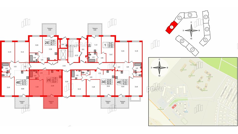 Квартира в ЖК Счастье 2.0, 1 комнатная, 44.57 м², 1 этаж