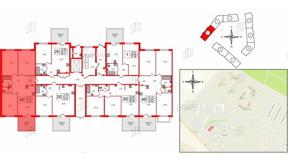 Квартира в ЖК Счастье 2.0, 3 комнатная, 78.1 м², 1 этаж