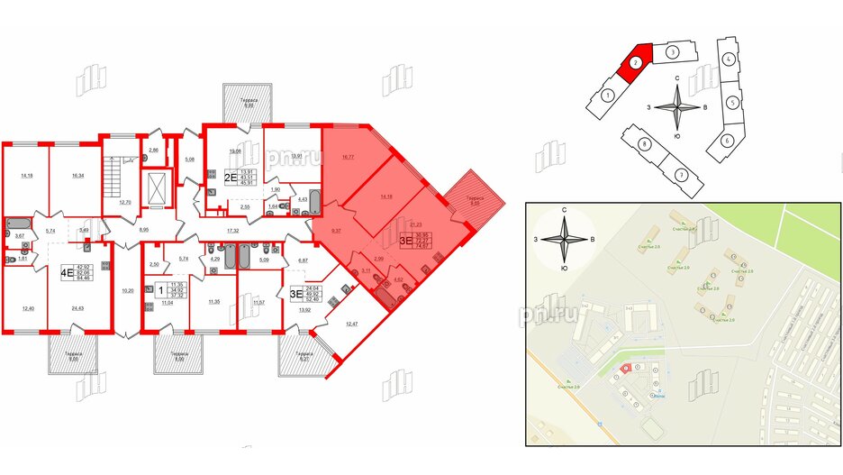 Квартира в ЖК Счастье 2.0, 2 комнатная, 74.7 м², 1 этаж