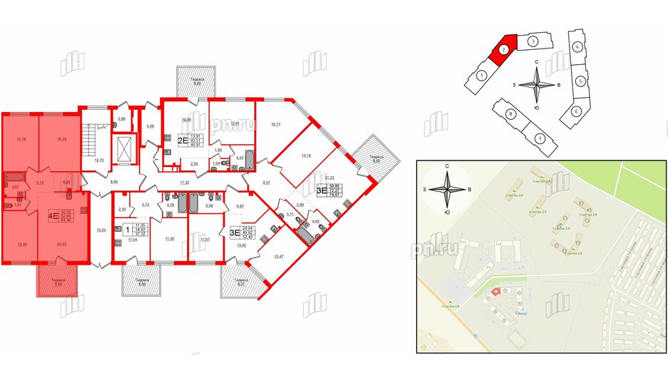 Квартира в ЖК Счастье 2.0, 3 комнатная, 84.4 м², 1 этаж