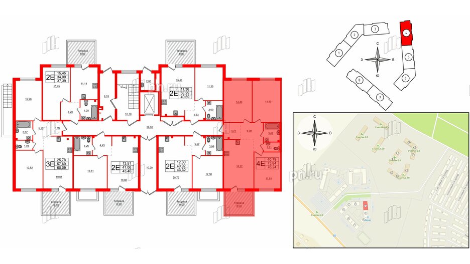 Квартира в ЖК Счастье 2.0, 3 комнатная, 76.2 м², 1 этаж