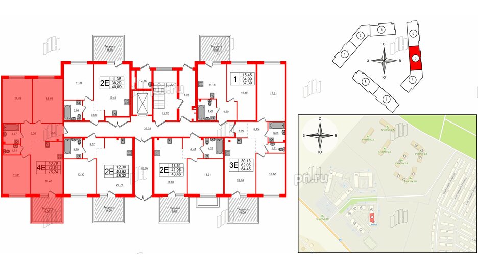 Квартира в ЖК Счастье 2.0, 3 комнатная, 76.2 м², 1 этаж