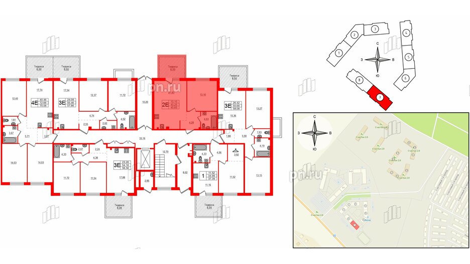 Квартира в ЖК Счастье 2.0, 1 комнатная, 45.7 м², 1 этаж