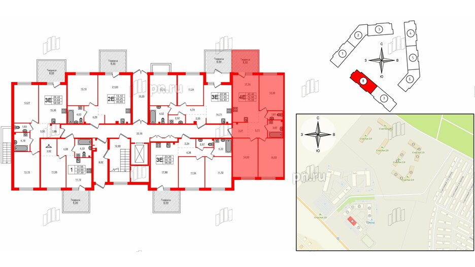 Квартира в ЖК Счастье 2.0, 3 комнатная, 75.1 м², 1 этаж