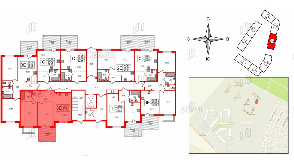 Квартира в ЖК Счастье 2.0, 2 комнатная, 62.97 м², 1 этаж