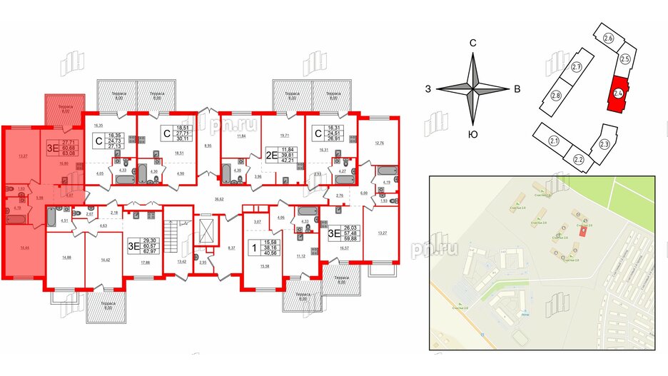 Квартира в ЖК Счастье 2.0, 2 комнатная, 63.08 м², 1 этаж