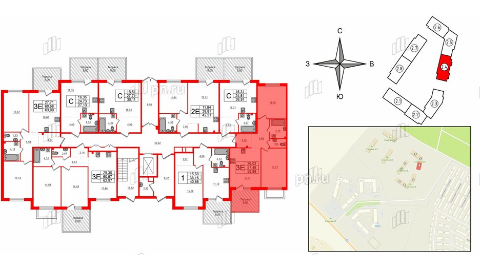 Квартира в ЖК Счастье 2.0, 2 комнатная, 59.88 м², 1 этаж