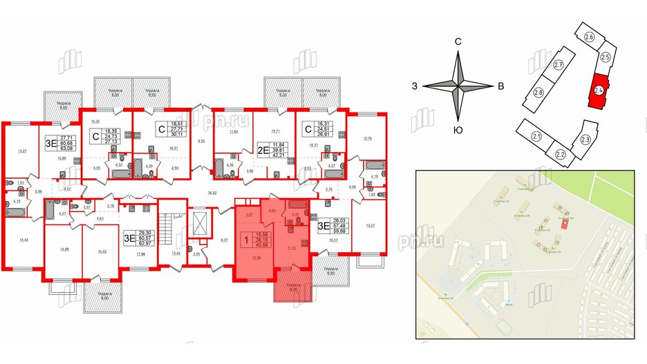 Квартира в ЖК Счастье 2.0, 1 комнатная, 40.56 м², 1 этаж