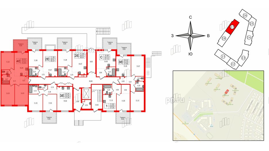 Квартира в ЖК Счастье 2.0, 3 комнатная, 72.64 м², 1 этаж