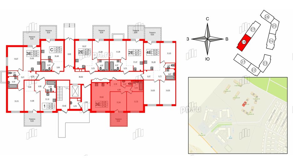 Квартира в ЖК Счастье 2.0, 2 комнатная, 57.44 м², 1 этаж