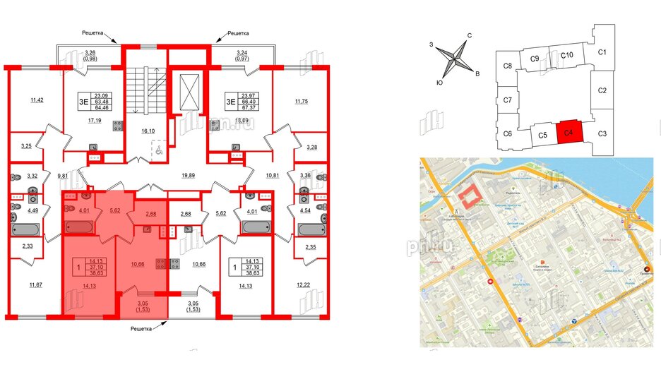 Квартира в ЖК Регенбоген, 2 комнатная, 67.37 м², 4 этаж