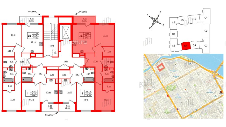 Квартира в ЖК Регенбоген, 2 комнатная, 67.21 м², 5 этаж