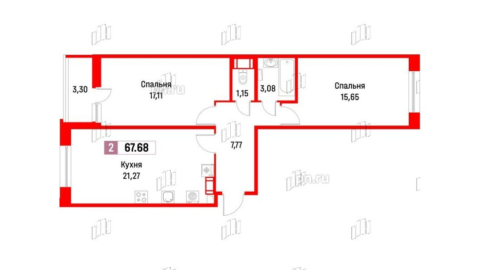 Квартира в ЖК Фотограф, 2 комнатная, 67.78 м², 2 этаж