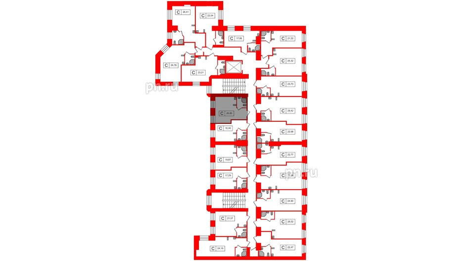 Апартаменты в ЖК Furman 1845, студия, 20.83 м², 2 этаж