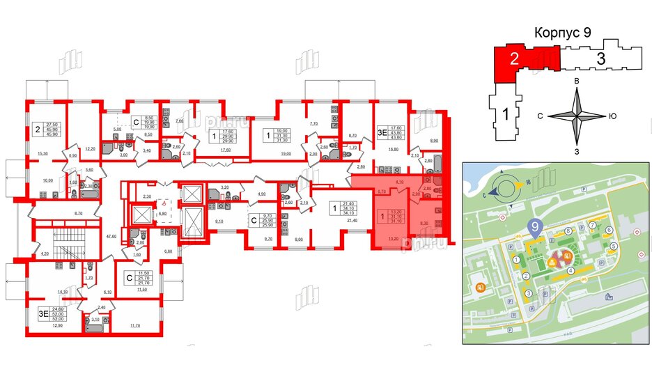 Квартира в ЖК 'Цветной город', 1 комнатная, 31.1 м², 2 этаж