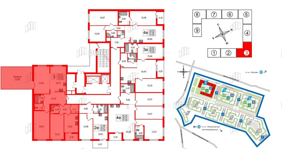 Квартира в ЖК «Черная Речка», 3 комнатная, 102.2 м², 12 этаж