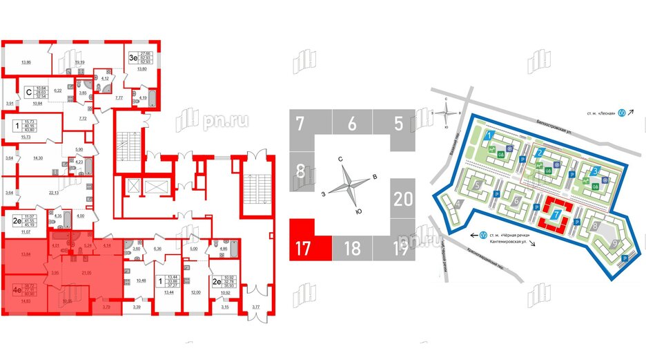 Квартира в ЖК «Черная Речка», 3 комнатная, 77.11 м², 1 этаж