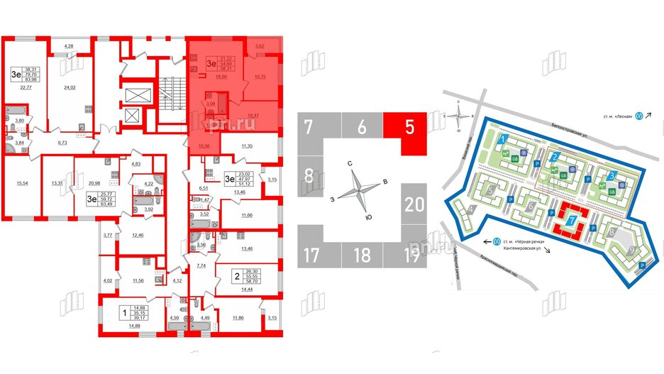 Квартира в ЖК «Черная Речка», 2 комнатная, 54.69 м², 13 этаж