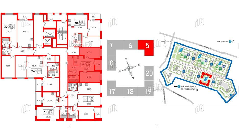 Квартира в ЖК «Черная Речка», 2 комнатная, 47.97 м², 14 этаж