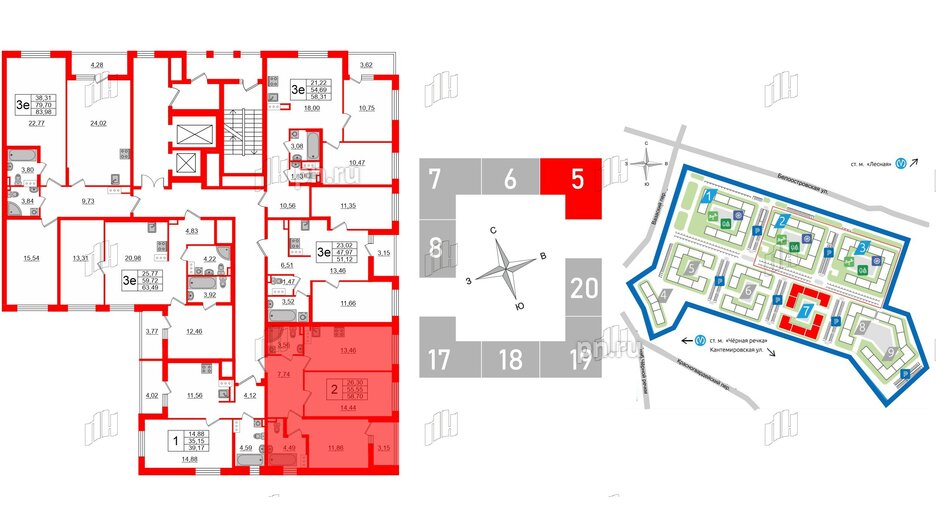 Квартира в ЖК «Черная Речка», 2 комнатная, 55.55 м², 14 этаж