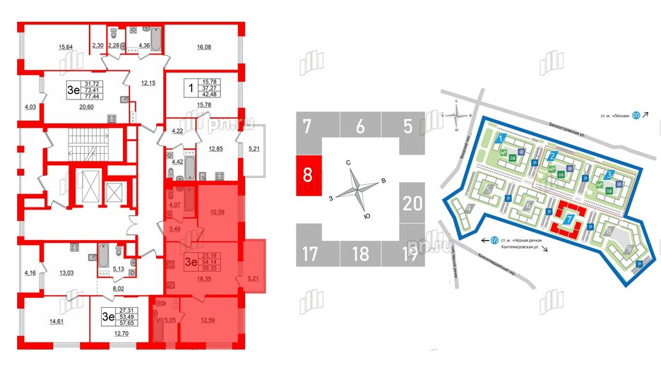 Квартира в ЖК «Черная Речка», 2 комнатная, 54.14 м², 13 этаж