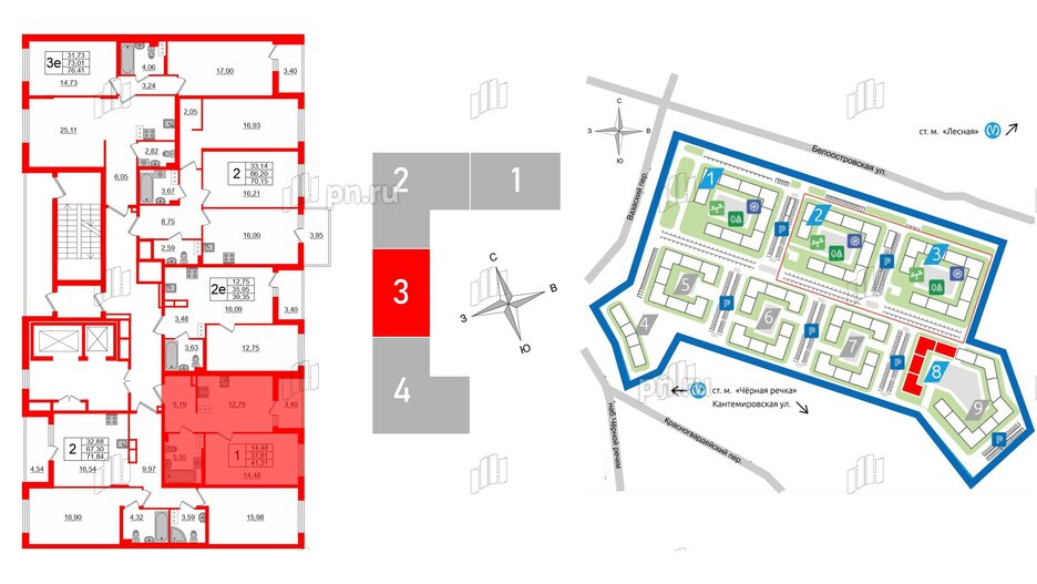 Квартира в ЖК «Черная Речка», 1 комнатная, 37.82 м², 13 этаж